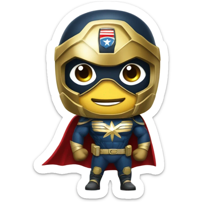 super herói similar ao capitão américa, usando um escudo dourado no toráx, com um cifrão de dinheiro sticker