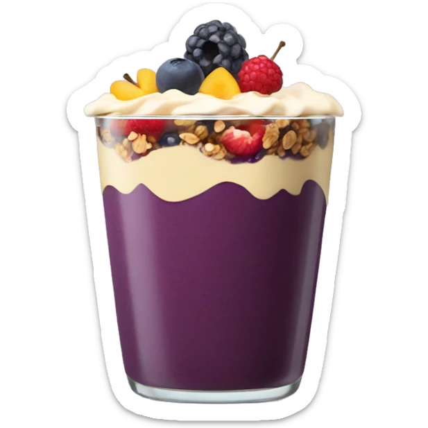 Açaí in a clear cup with layers of fruits and granola and condensed milk sticker