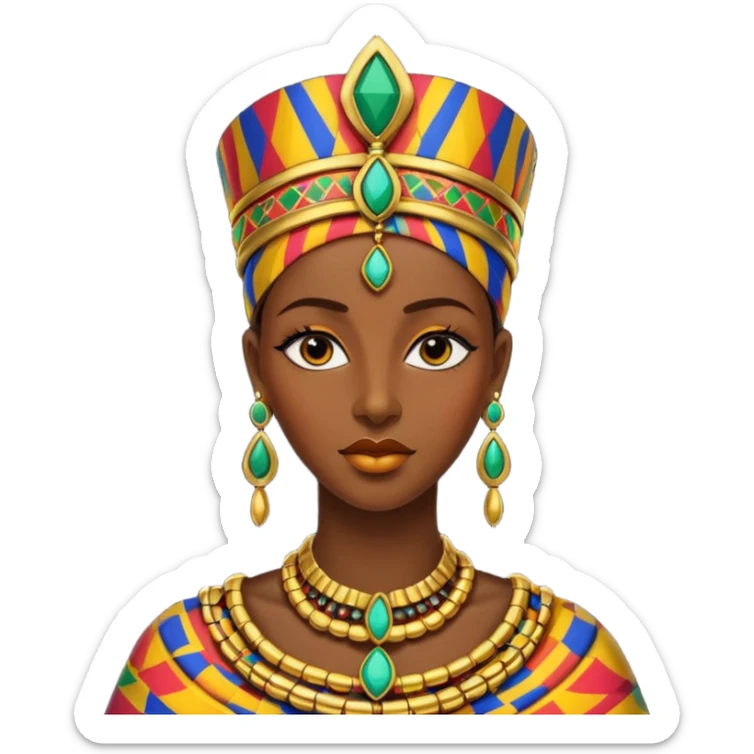 Create me an emoji of a beautiful Ethiopian Queen of Sheba wearing a colorful African patterns. sticker