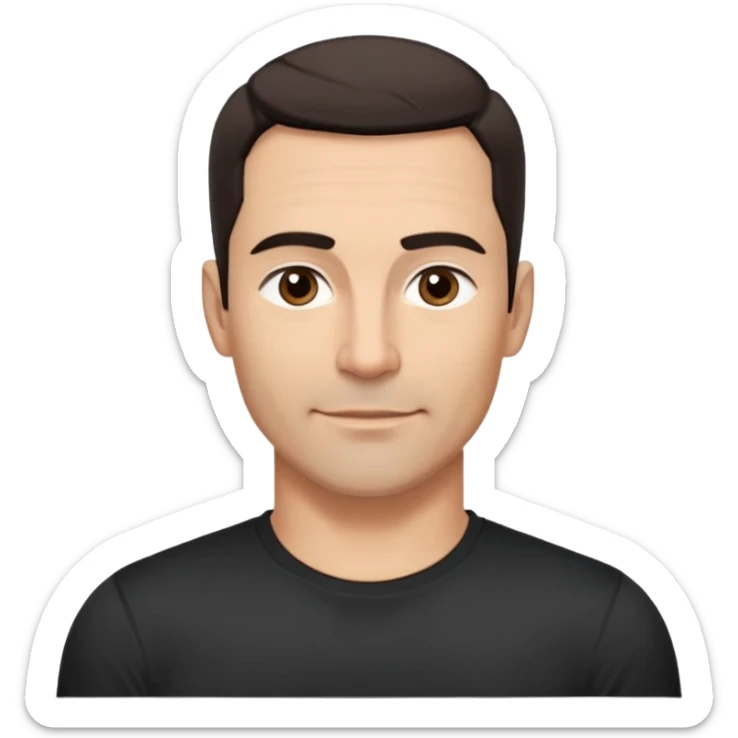 Attractive man in his 40s with youthful appearance, light brown skin, elongated face, defined jawline, medium dark eyes, arched eyebrows, straight nose, handsome friendly expression, short dark hair styled upward, athletic build, wearing a fitted black t-shirt sticker