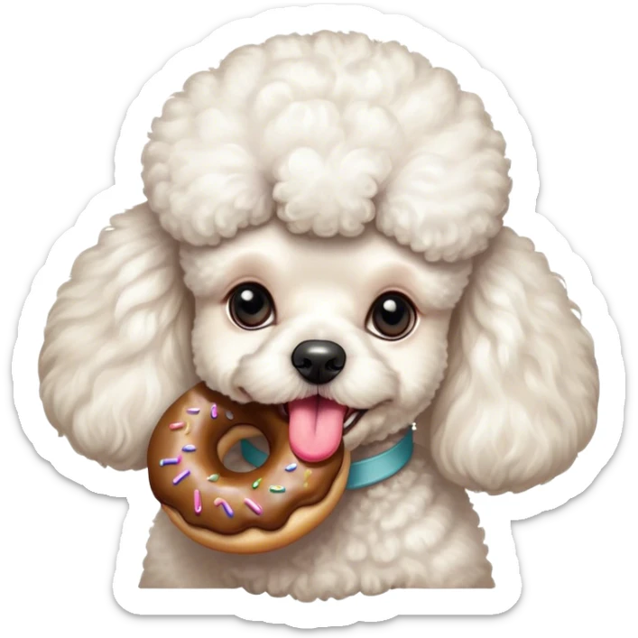 French poodle blanco tamaño mediano hembra con una dona en la boca, todo el cabello esponjoso sin ningún estilo  sticker