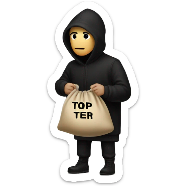 Thief wearing all black clothes actively stealing a beige money bag with the words Top Tier embroidered on it sticker