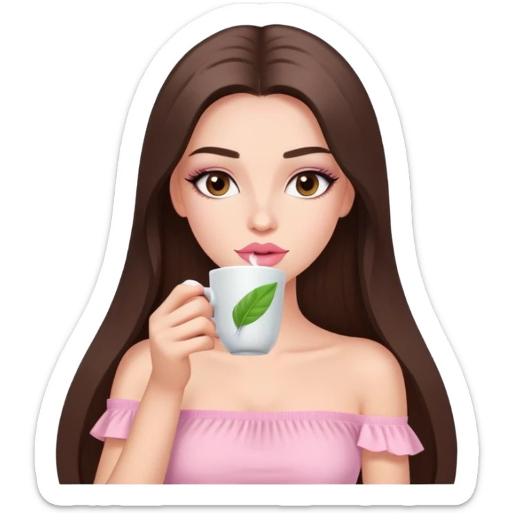 exotic pale girl, very full lips, long straight brunette hair, long lashes, pastel pink tube top, sipping tea  sticker