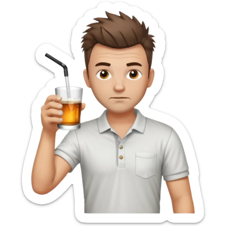 Handsome male.short messy brown hair.mowhawk hairstyle. wearing white golf shirt.grey shorts. Drinking rum . Drunk sticker