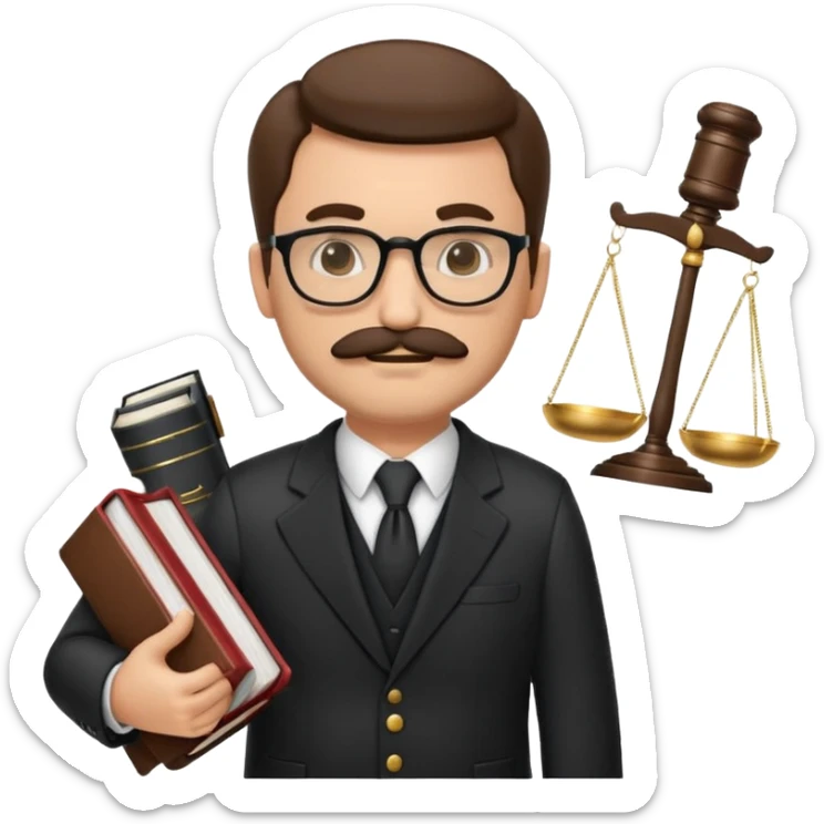 “Create a clean, modern emoji-style illustration of a male lawyer. He is wearing a formal suit jacket. He is holding a judge’s gavel in one hand and has a law book tucked under his arm. He has a mustache and a short beard, and he is wearing glasses. sticker
