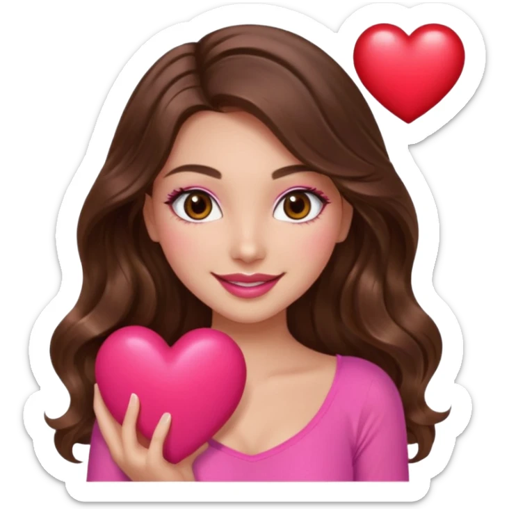 girl with long wavy brown hair, brown eyes, long lashes makeup, sexy pink lips, light to medium complexion, wearing a pink sexy top, smiling, holding a big heart sticker