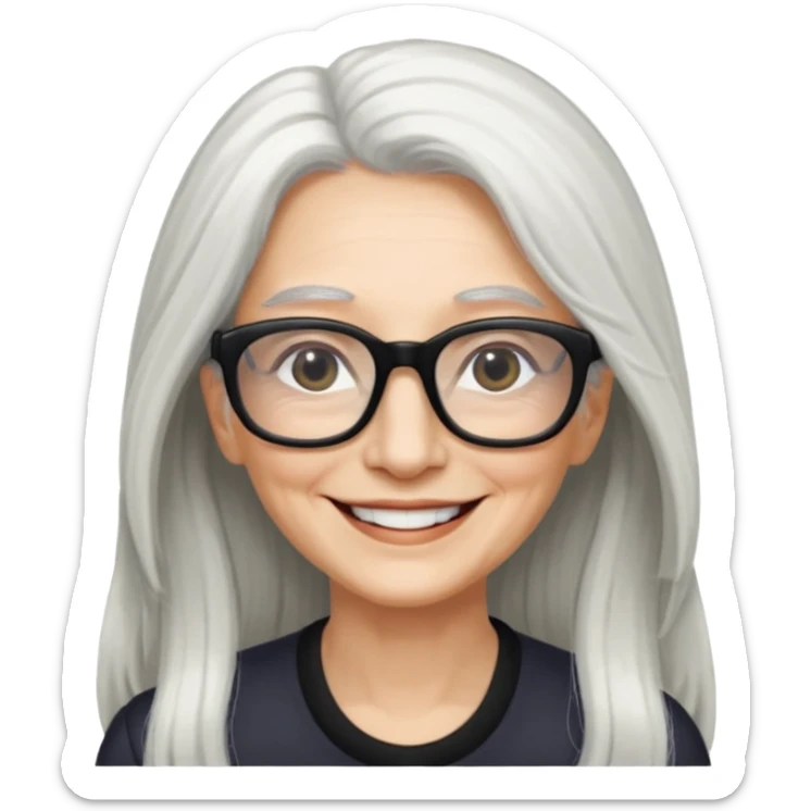 femme 60ans  avec de long cheveux blanc et des lunettes rectangles noir sourrir sticker