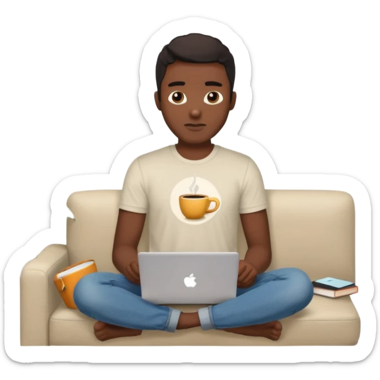 Homme développeur de teint noir, assis dans un coin cosy de son salon un week-end, ordinateur portable ouvert affichant du code. Lumière naturelle douce, ambiance calme. Habillé simplement (t-shirt clair, jean ou short), tasse de café/thé à côté. sticker