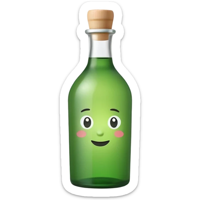 A clean, cute emoji-style green soju bottle, small Korean soju bottle with green glass, simple label in Korean style, minimal flat design, soft shading, centered, white or transparent background, high contrast, rounded friendly emoji look, 1:1 aspect ratio, app icon style sticker