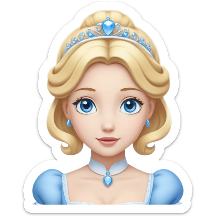 Cinematic Elegant Cinderella Portrait Emoji, Graceful and poised in her classic maid attire, golden locks cascading softly, bright blue eyes full of hope, a gentle glow of kindness and determination, delicate and humble yet undeniably beautiful, evoking the moment before her magical transformation, pure enchantment in her gaze! sticker