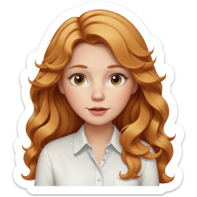 white adult woman with strawberry blonde super long wavy hair, white shirt, blushed cheeks sticker
