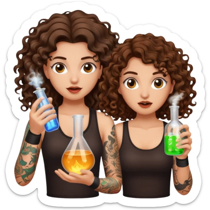 wrong mixture — long wavy brown hair tattooed woman and short tight curly brown hair woman — panic holding glowing flask sticker