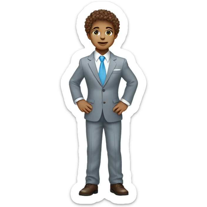 Little young  gentleman wearing a grey suit with white shirt and baby blue tie with blue eyes ,  very white  skin and brown curly hair and full body . Wearing a watch  sticker