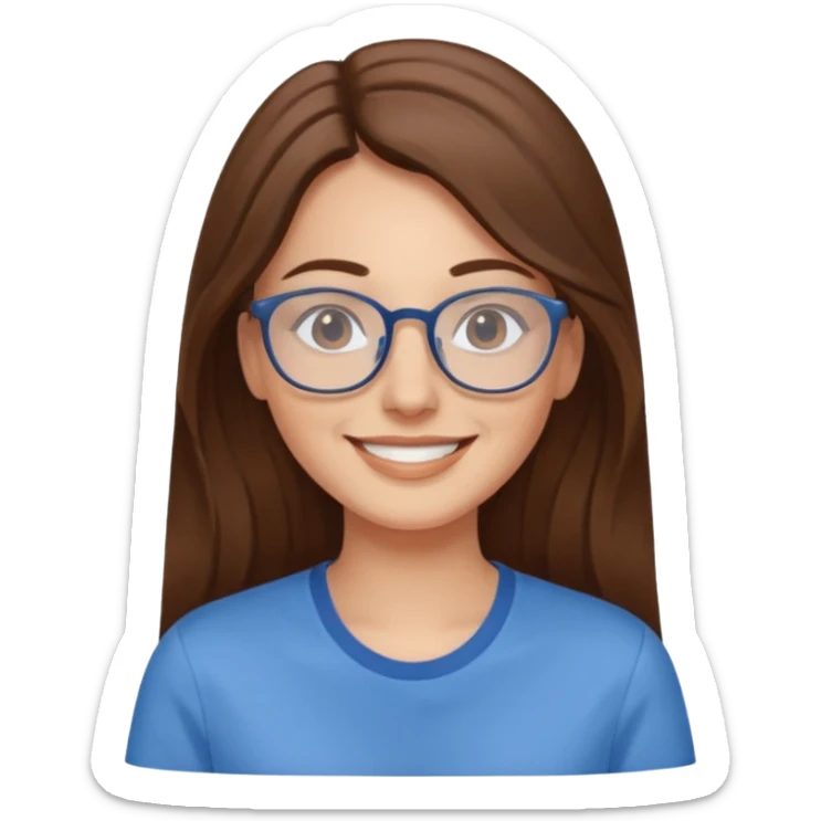 Women with long brown hair smiling, the lady wear glasses and a blue shirt reflecting harmony and peace  sticker