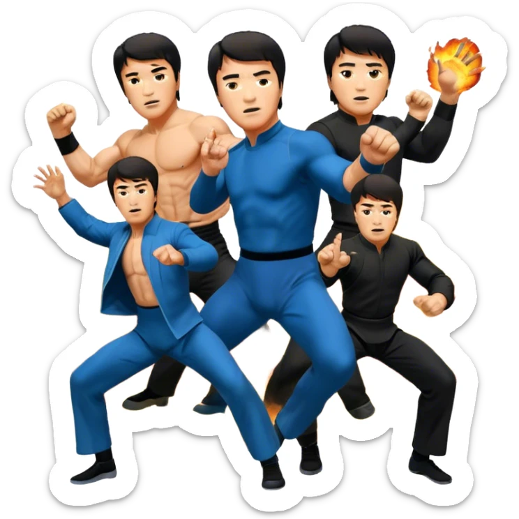 Icon for Action Movies: Collage of Arnold Schwarzenegger, Sylvester Stallone, Bruce Lee, and Jackie Chan in iconic action poses, surrounded by explosions, weapons, and martial arts moves. The design should capture the high-energy, dynamic nature of their films. Transparent background. sticker