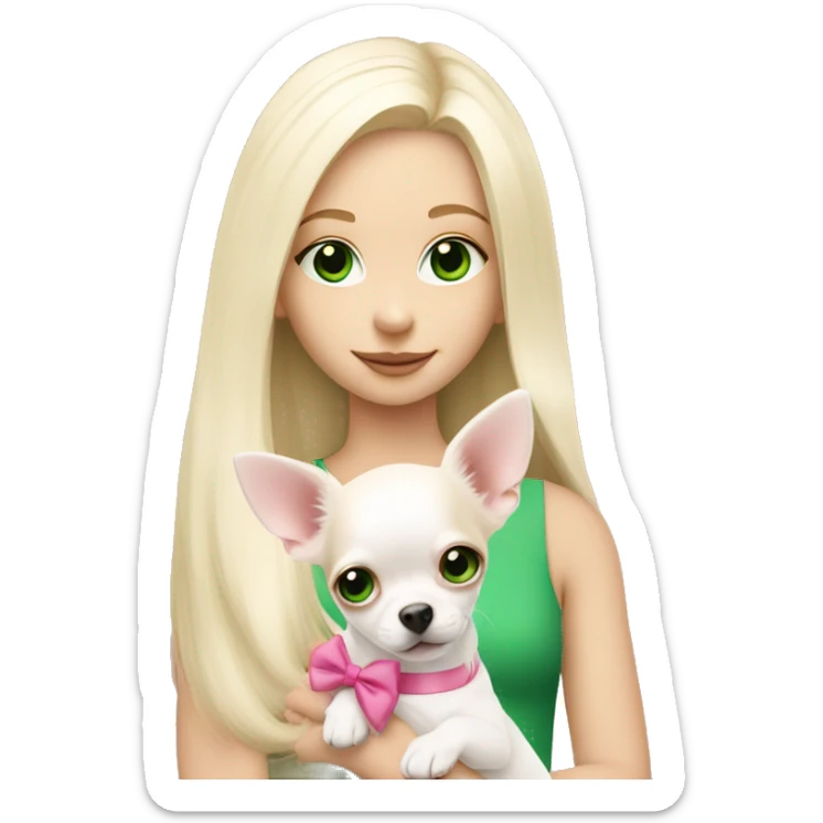 pale blond girl with long platinum hair with green eyes holding a white chihuahua puppy that wearing a pink bow sticker