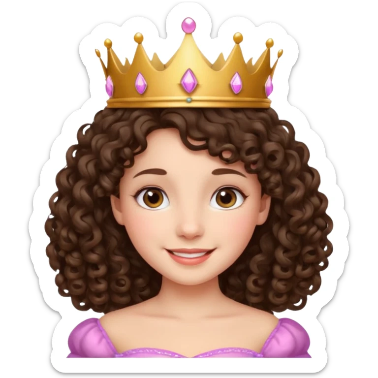 A brunette curly hair girl with a princess crown smiling gently. sticker