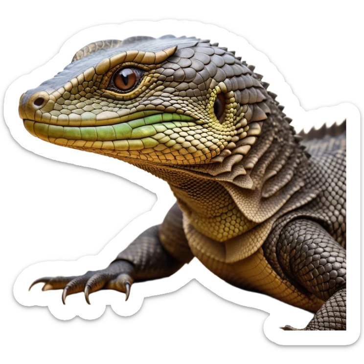 Cinematic Realistic Noble Monitor Lizard Portrait Emoji, Poised and imposing, with a robust, muscular build and a rugged, intricately scaled hide in natural olive and dark brown tones, a sharply defined head with intense, observant eyes, rendered with lifelike detail and authentic texture, high shine, intelligent and formidable, styled with an air of desert authority, focused and attentive, soft glowing outline, capturing the essence of a watchful and confident monitor lizard that appears ready to stride out of the screen with effortless power! sticker
