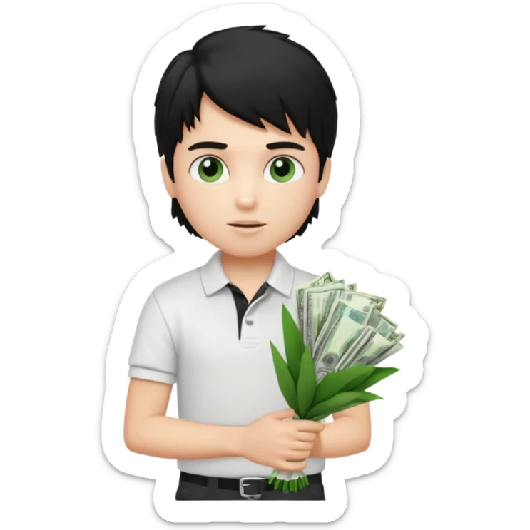 generate a pretty fair bratz boy with a messy mullet (black hair), wearing a white polo.  carrying a bouquet made of money sticker
