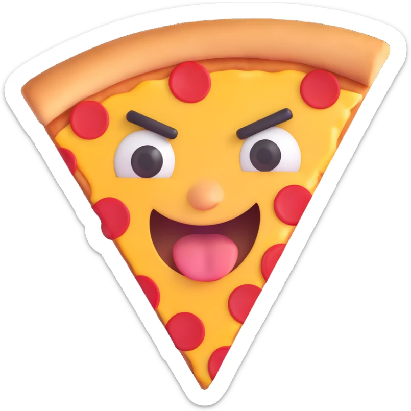 slice of pizza forming an emoji-style face, grimacing mouth, angry or disgusted eyes, cartoon stink lines or steam, expressing frustration or dislike, playful cartoonish style sticker