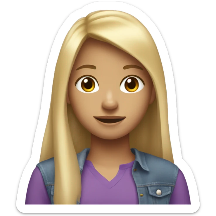 12 years old girl with blond hair and long hair with bang, with a purple shirt and jean sand light skin sticker