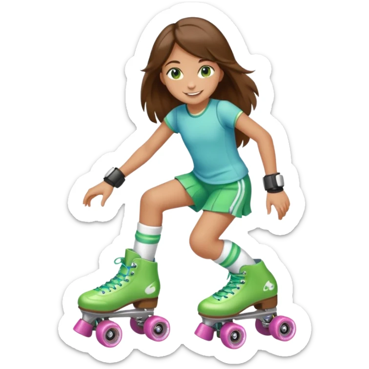 an 8 year old girl with green eyes and long brown hair. smiling. skating on quad style roller skates with white boot. sticker