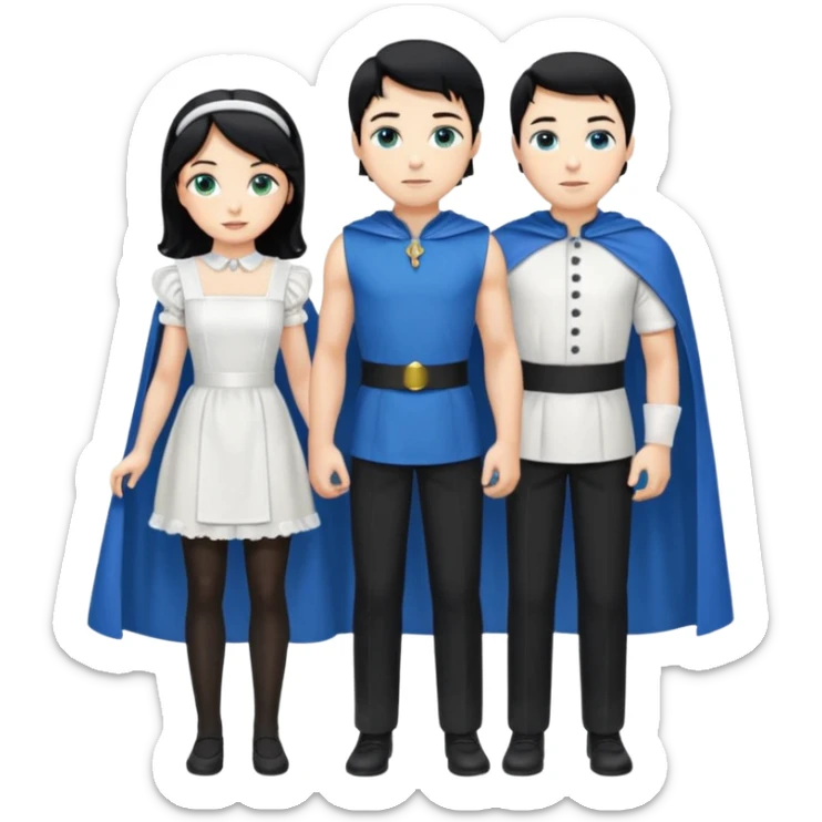 Prince with crown, blue cape and trousers, body and legs, black hair, blue eyes and maid, blonde hair, green eyes, sexy white short sleveless dress,  sticker
