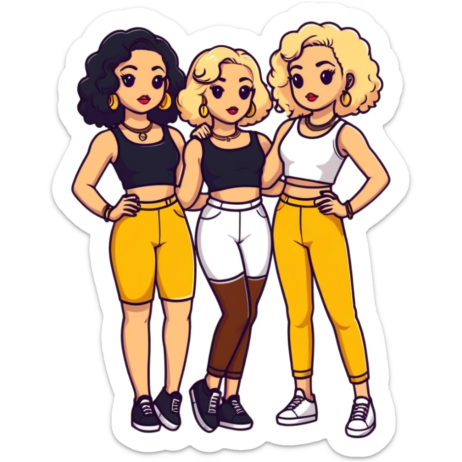 Full body of two teenage girls standing together, one white with straight blonde hair and one brown-skinned with curly black hair, both with heavy makeup, big lips, crop tops, gold jewelry and flashy choni style outfits sticker