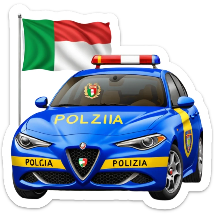 crea auto di servzio alfa romeo giulia colore nero con la scritta sul lato polizia penitenziaria e la un leopardo e la bandiera italiana sticker