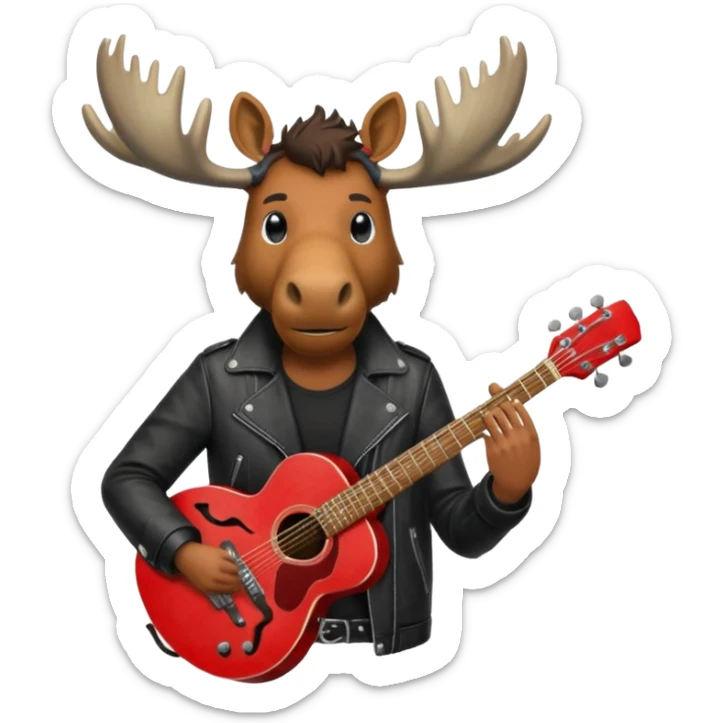 A man with a moose head in alaska pointing a red guitar directly up in the air. Make the graphics gritty and realistic like the moose man is a villian in a high budget batman movie. sticker