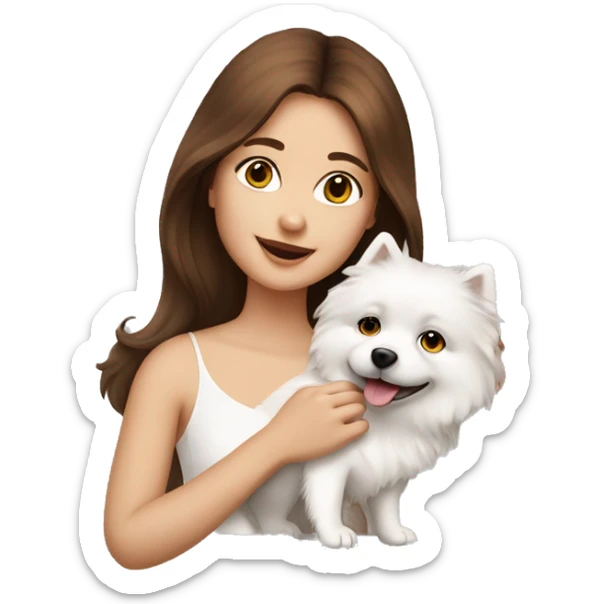 beautiful girl with brown hair with her cream-white spitz dog sticker