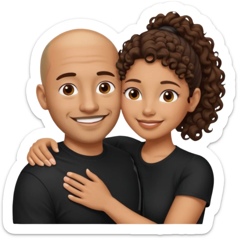 A picture of a tanned couple embracing. the man is a Mexican man with tanned skin, a bald hair cut, short beard and wearing a black shirt. the woman is mixed, with curly brown hair in a pony tail and with big boobs  sticker