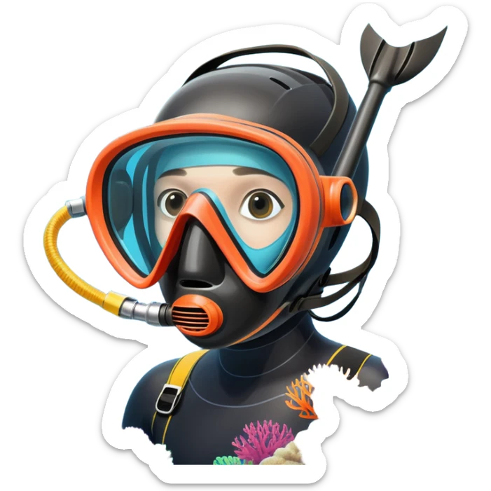An icon featuring a close-up of a freediving mask and snorkel, with a breath-holding diver's fins, set against a vibrant underwater world. The design includes coral reefs, fish, and bubbles, symbolizing the serene beauty and thrill of freediving. Transparent background highlights the calm sticker