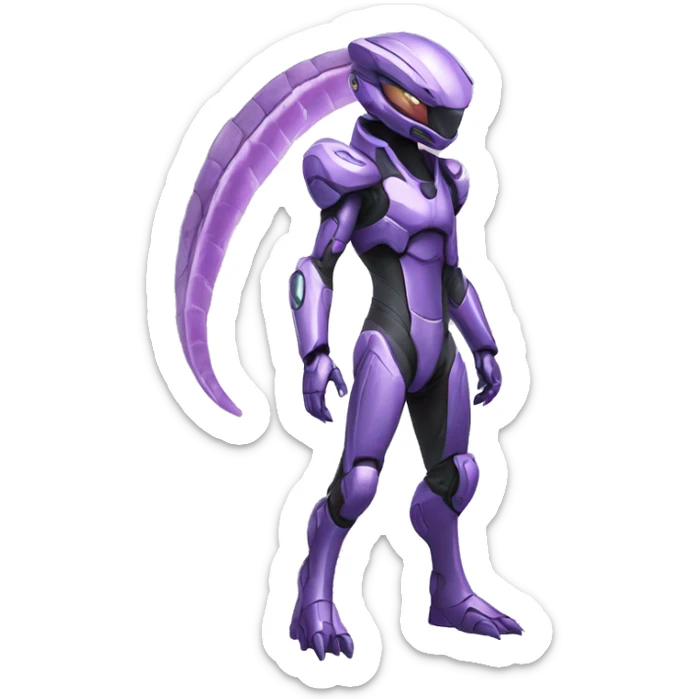 A Reptile-Raptor-Genesect-Mewtwo-Fakémon, with a futuristic visor-helmet, wearing a techwear-suit Full Body sticker