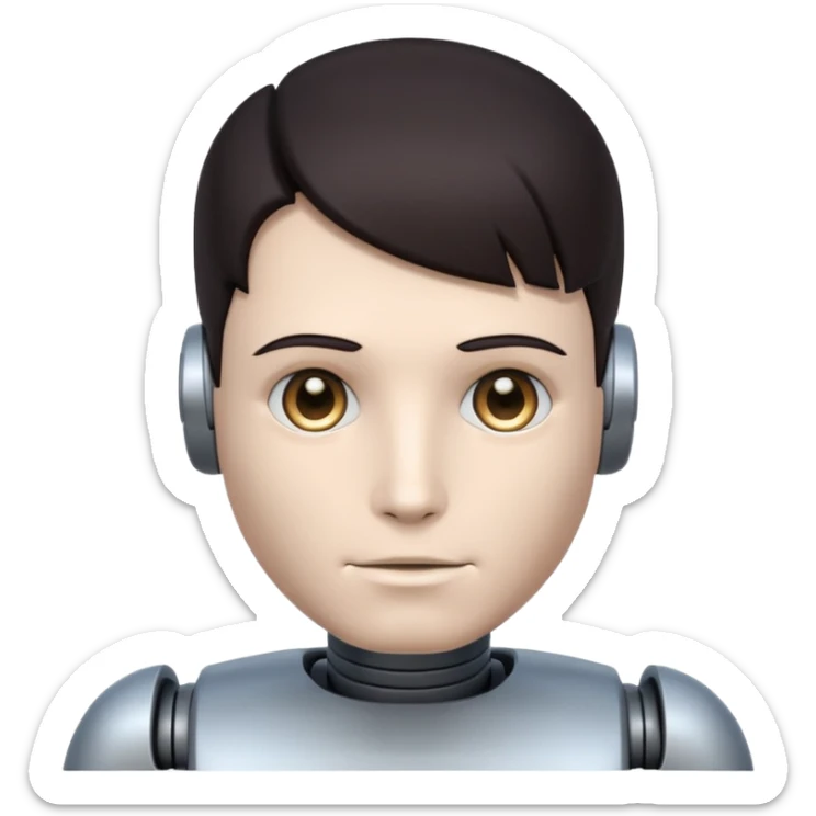 male robot with dark hair color and metalic face sticker