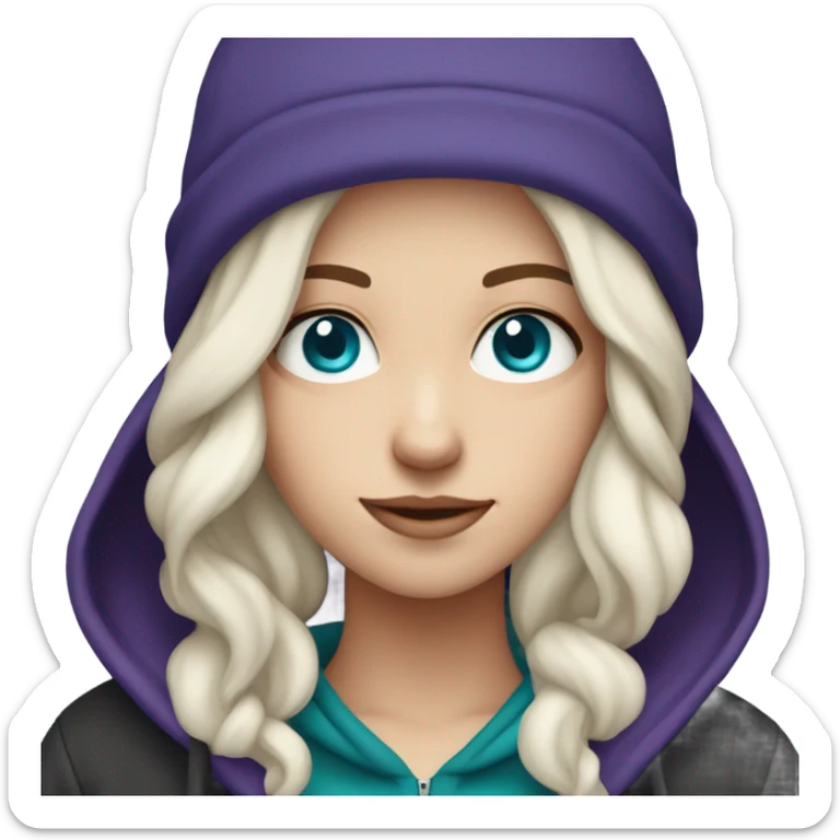 White girl, blue eyes, long teal hair, purple beanie hat, black hoodie sticker