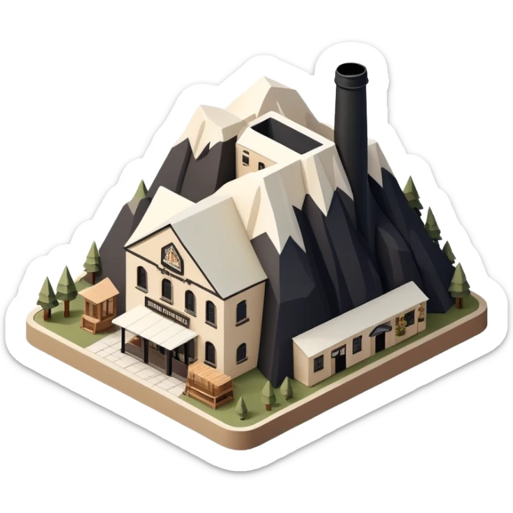 Isometric exterior little black, beige, and white mountain brewery, dollhouse style 3D realistic  sticker