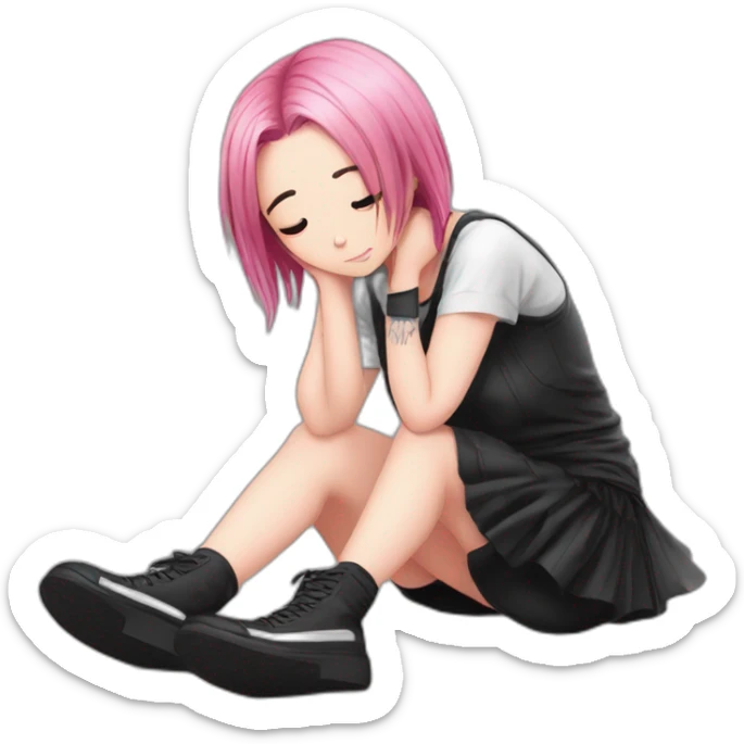 Full body Front view curvy emo girl pink hair sits on the floor straight view hands up black skirt полосатые рваные чулки sticker