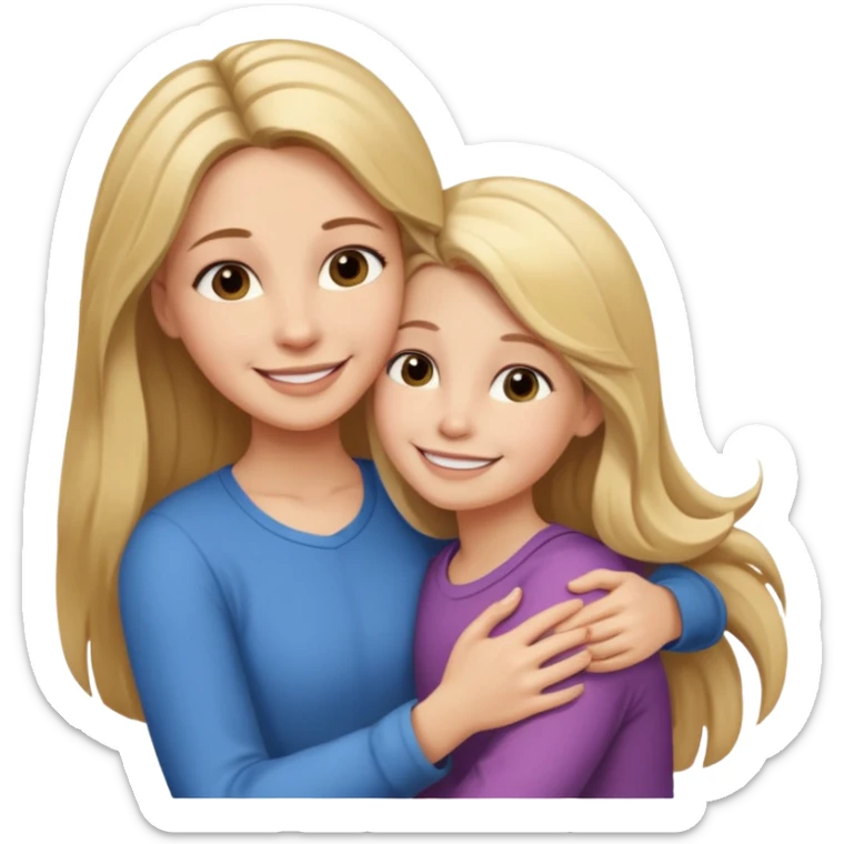 A beautiful mother with long brown hair hugging her cute 12yr old blonde hair daughter super happy sticker