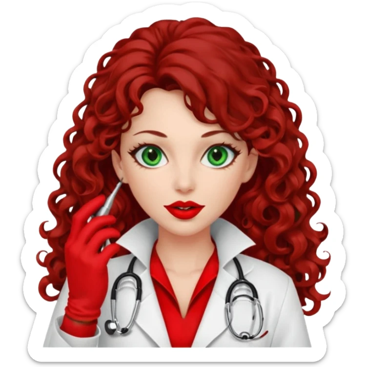 Lilith symbol sexy evil woman. She has green eyes.  had brown long curly hair.  evil surgeon kills with scalpel wears red sexy doctor coat with red mouth cover red gloves. Covers nose, neck  and mouth with red cloth sticker