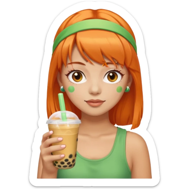 Create an emoji of a woman with orange hair, bangs, and a green headband, holding a cup of bubble tea. sticker