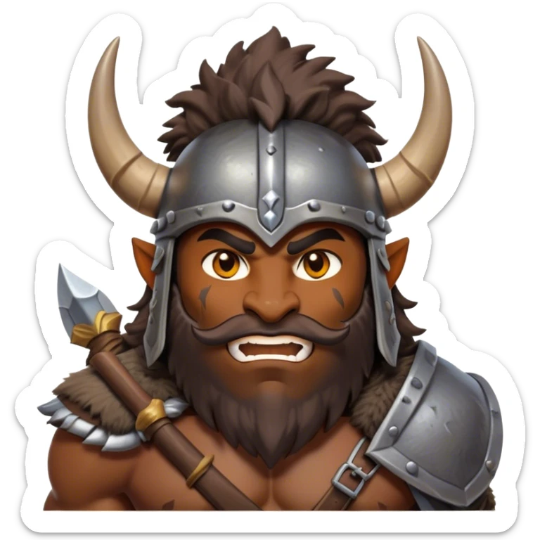 Clash of Clans style: Cinematic Fierce Barbarian Portrait Emoji, Poised and bold with a rugged, cartoonish build in tattered furs and a whimsical horned helmet, bright expressive eyes and a confident smirk, Simplified yet dynamic features, highly detailed, glowing with a vivid, adventurous aura, high shine, heroic and spirited, stylized with an air of medieval warrior charm, focused and energetic, soft glowing outline, capturing the essence of a fearless barbarian adventurer ready to lead his clan with spirited valor! sticker
