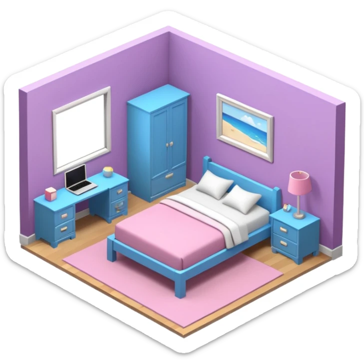 13 year old girls ultra realistic, ultra detailed large 3D view of bedroom, interior isometric sticker