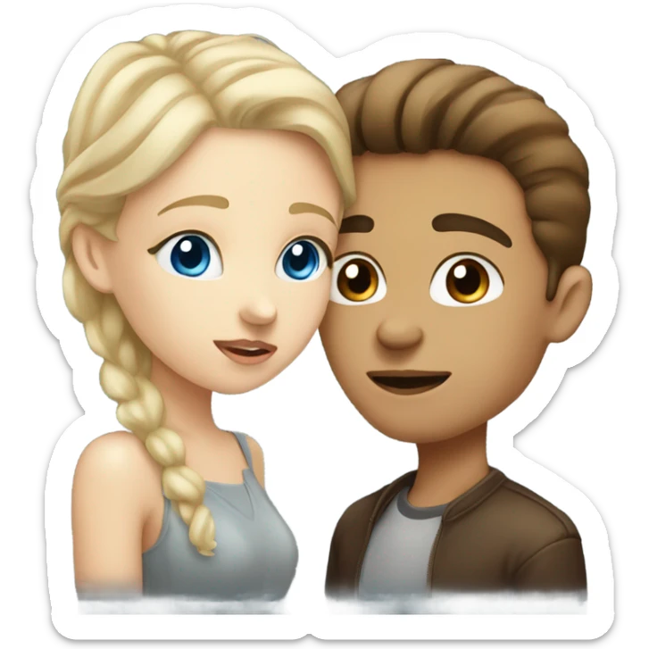 Blonde girl with blue eyes kissing a brunette boy with brown eyes sticker