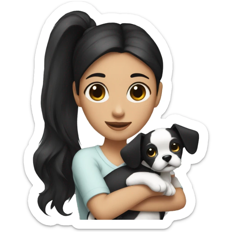 dark black hair girl cuddling a black and white dog with a high ponytail sticker