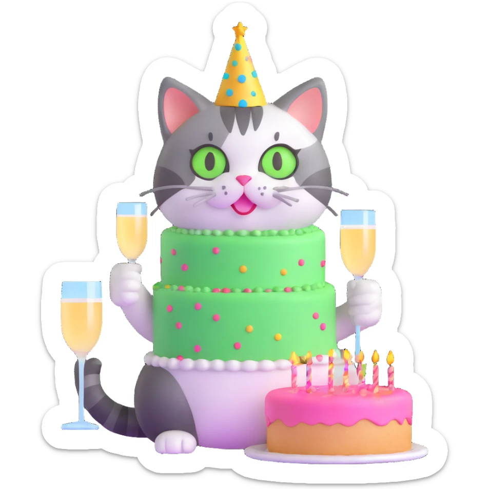tricolor fluffy cat with big green eyes celebrating her birthday with a cake and champagne sticker