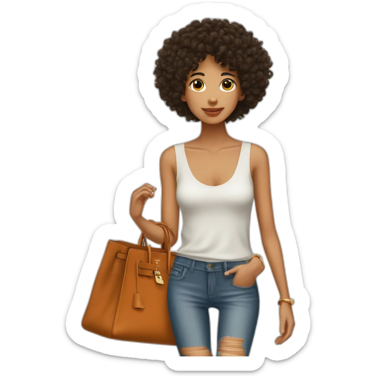 Skinny latino with short curly hairs wearing an hermes Birkin bag sticker