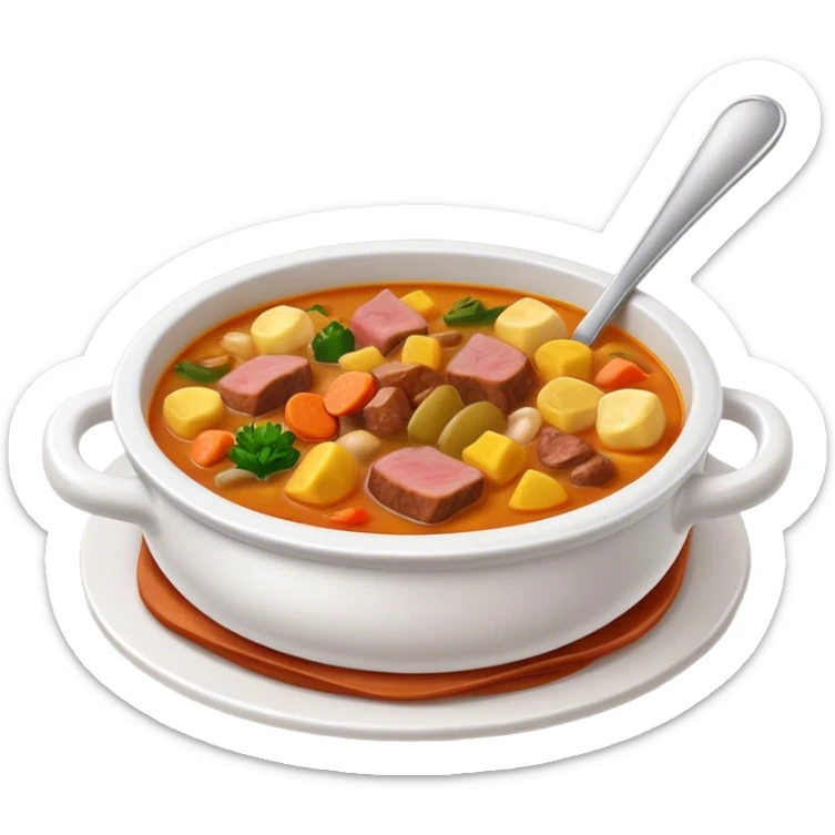 Cinematic Realistic Sancocho Soup Dish Emoji, featuring a rich, hearty stew with diverse meats and vegetables rendered with lifelike detail and warm, comforting lighting. sticker