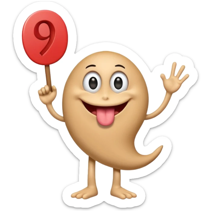 A school that has the number 9 on top of it's eyes holding a sign with the number 9 on the sign with a mouth sticking out his tongue with legs and arms with him being happy full of joy sticker