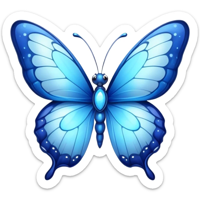 Cinematic Realistic Cute Blue Butterfly Portrait Emoji, Head tilted playfully and inquisitively, featuring beautifully patterned sapphire wings with intricate venation and a charming, petite body with round, sparkling eyes full of gentle curiosity, rendered with lifelike detail and warm natural highlights, high shine, affectionate and spirited, styled with a touch of whimsical garden magic, soft glowing outline, capturing the essence of a mischievous yet lovable blue butterfly that seems ready to flutter playfully into your arms! sticker